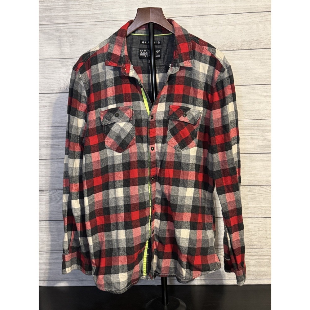 Raw Yarn Industries Men Flannel Button Up Shirt XL Red Plaid Slim Fit